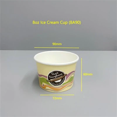 Yopiq joylar uchun qog'oz qopqoqli va yog'och qoshiqli 8 oz muzqaymoq kubogi